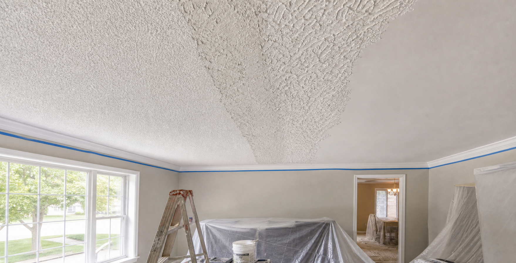 Textured Oakville ceiling being compared with a smoother prepared ceiling area.