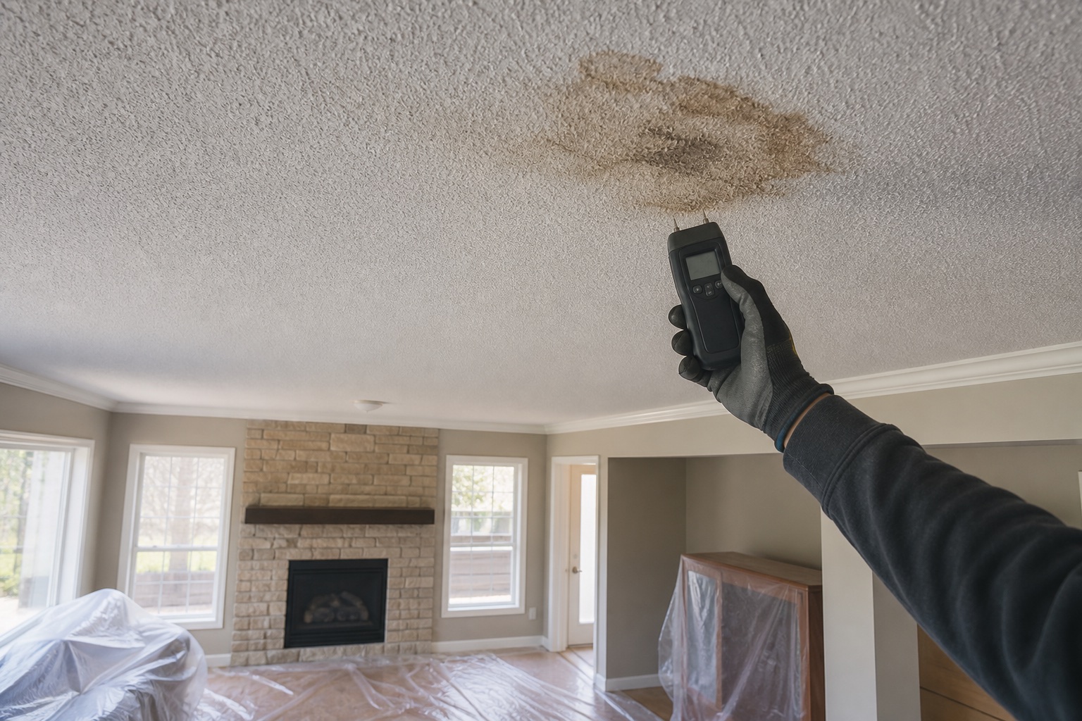 Water-stained popcorn ceiling being assessed with a moisture meter in a protected room
