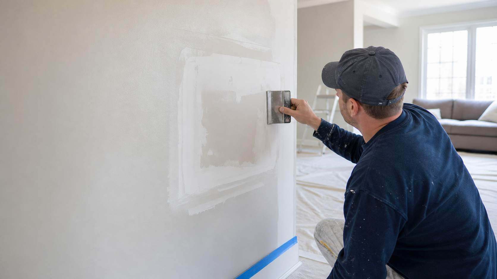Visible drywall patch showing through paint on an interior wall before professional repair