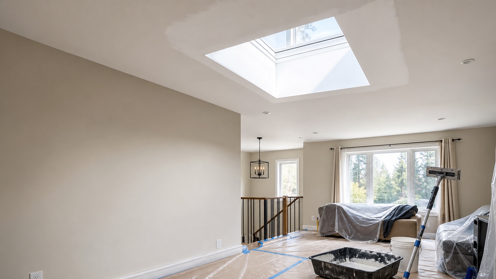 Mississauga skylight drywall repair with smooth ceiling prep, protected room, and daylight from a clean skylight
